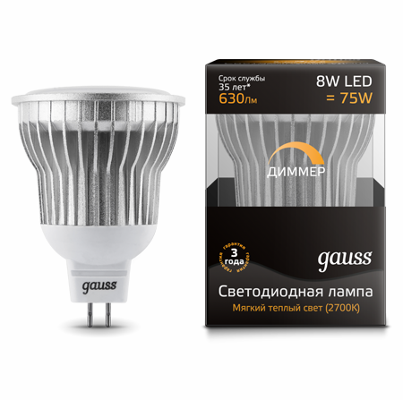 Светодиодные лампы Gauss LED MR16 8W SMD AC220-240V GU5.3 DIM (EB101105108-D)