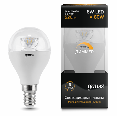 Светодиодные лампы Gauss LED Globe Crystal Clear 6W E14 DIM (105201106-D)