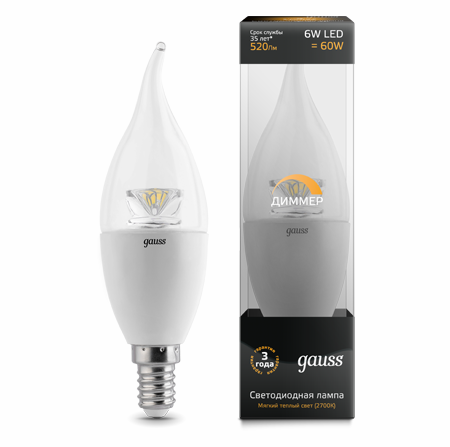 Светодиодные лампы Gauss LED Candle Tailed Crystal clear 6W E14 DIM (104201106-D)