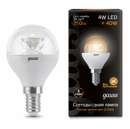 Светодиодные лампы Gauss LED Globe Crystal Clear 4W E14 (105201104)