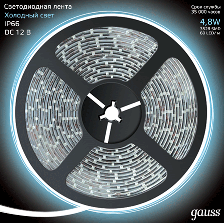 Лента светодиодная  Gauss Лента LED 3528/60-SMD 4,8W IP66 5500K фото