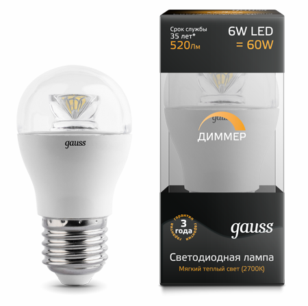 Светодиодные лампы Gauss LED Globe Crystal Clear 6W E27 DIM (105202106-D)